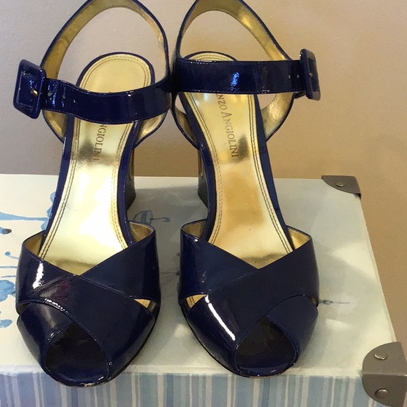 Dark Blue Patent Leather Wedges - Picture 2 of 6